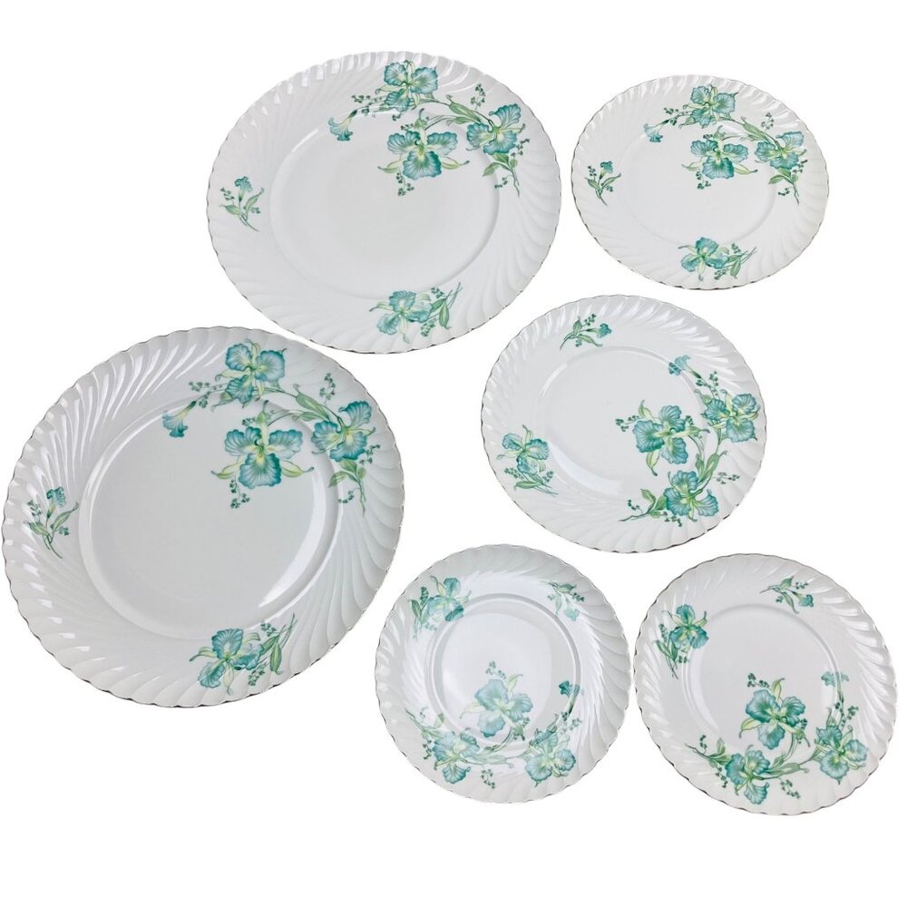 Vintage 1940s Royal Tettau Germany MCM Blue Iris Pattern Silver Trim Plate Set